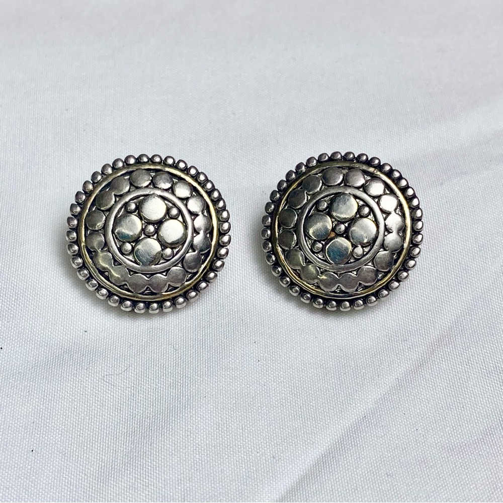 VTG Silver Tone Round Circle Clip On Button Earrings Gold Tone 80s Floral